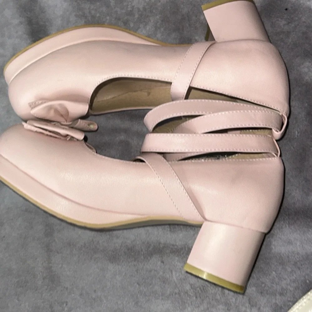 Women  Bowknot Cross Strap Round Toe Sweet Platform Chunky Heel Dress Shoes 7